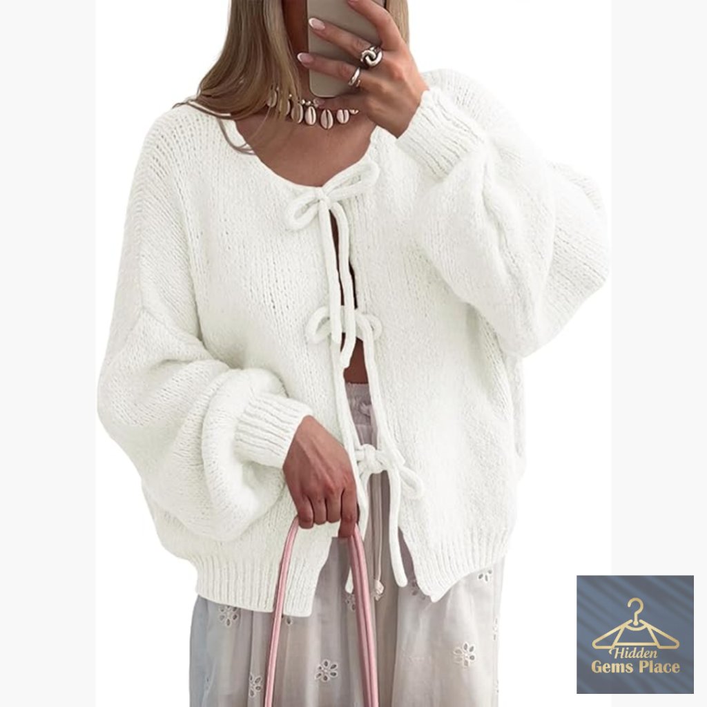 Tie Front Cardigan Sweater Long Sleeve Ribbed Knit Loose Fit Bow Puff